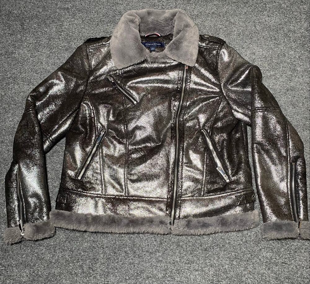 Tommy Hilfiger Biker/Bomber Jacket Metallic Blk/Silver Faux Shearling -L